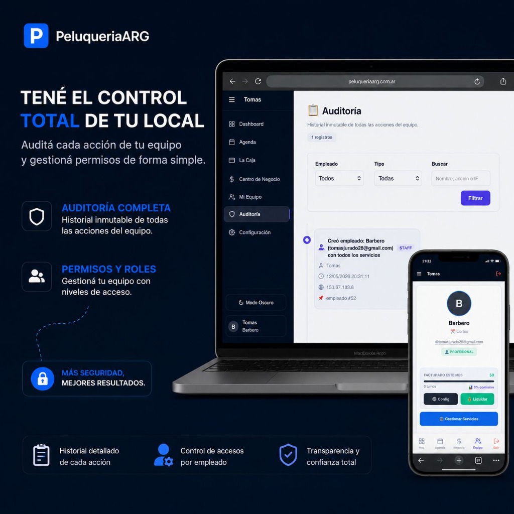 PeluqueríaArg - Auditoría completa, permisos y roles, control total de tu equipo